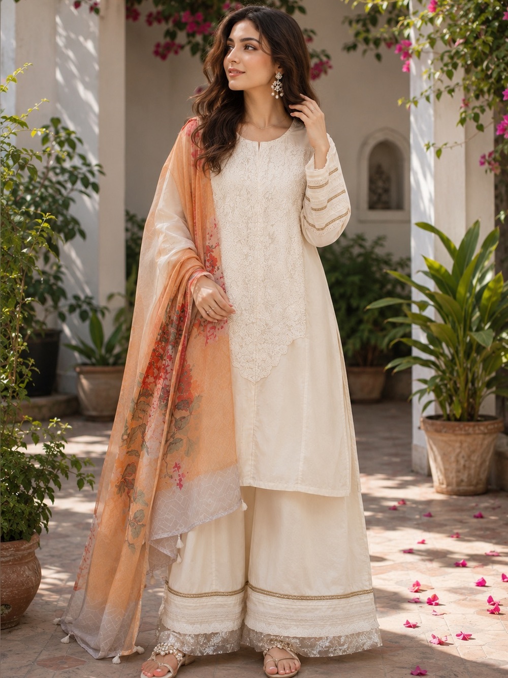 Junaid jamshed Cream Long-Sleeve Embroidered Dress with Peach Floral duppata